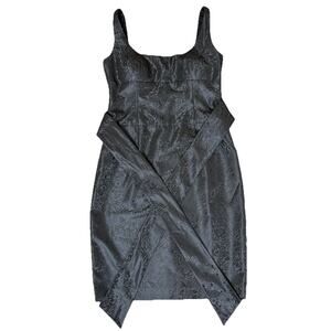 Kay Unger NY Black Sheath Dress 6 Floral Pockets Sash Lined Square Neck GUC